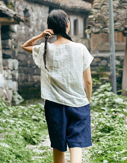 edoa High Count French Linen Short Sleeve Top