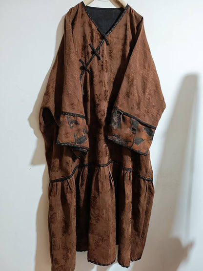 edoa Mud Dyed Silk Linen Blend Jacquard Ruffled Hem Qipao Dress