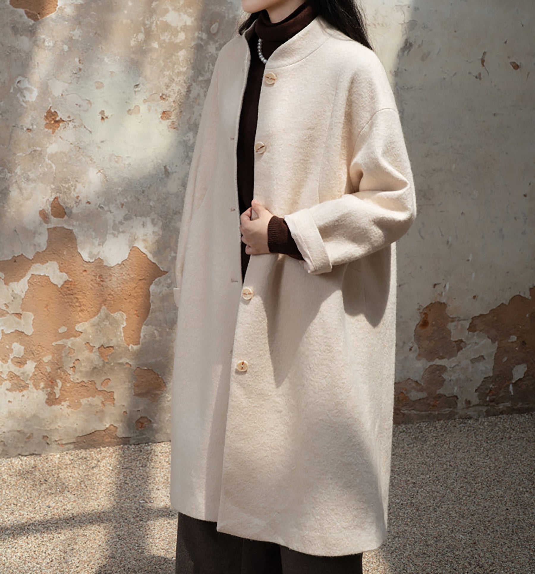 edoa White Winter Boiled Wool Chinese Coat