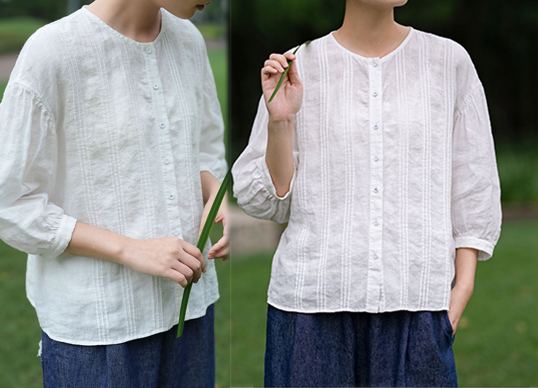 edoa Thin Linen Vertical Pin Tucks Blouse