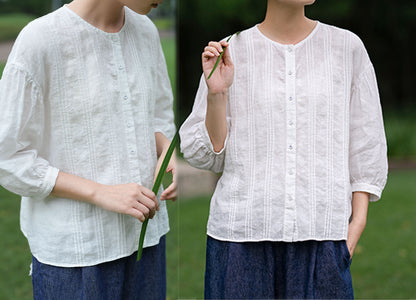 edoa Thin Linen Vertical Pin Tucks Blouse