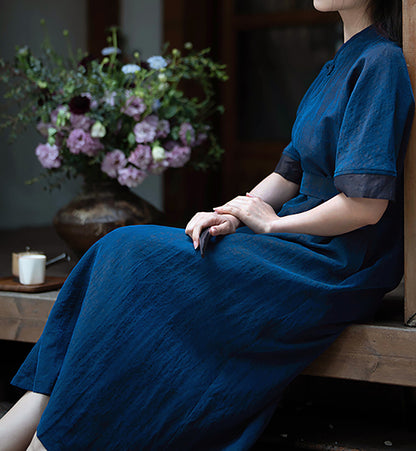 edoa Blue Cracked Mud Silk A-line Dress 