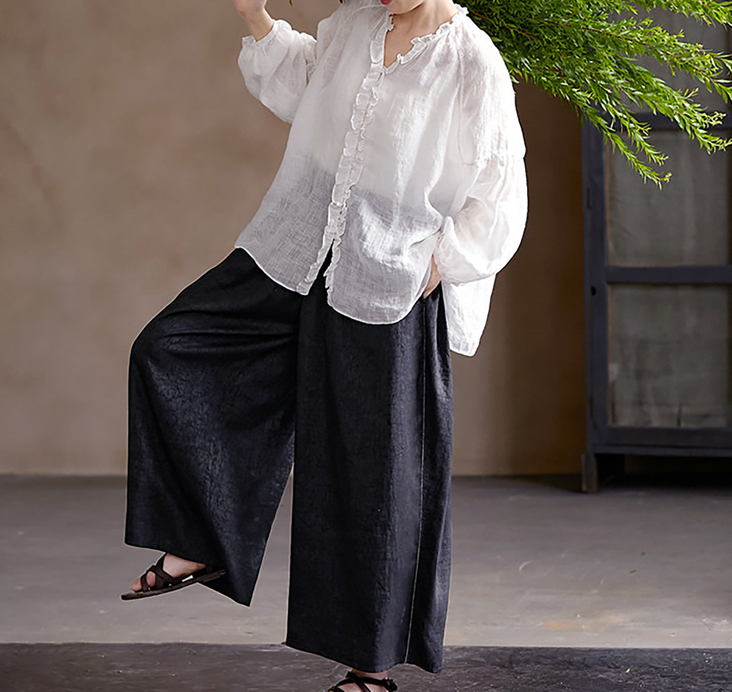 edoa Oversized High Count Hemp Ruffle Blouse
