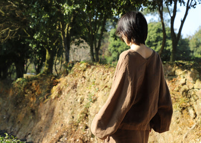 edoa Brown Linen V-neck Blouse with Balloon Sleeves