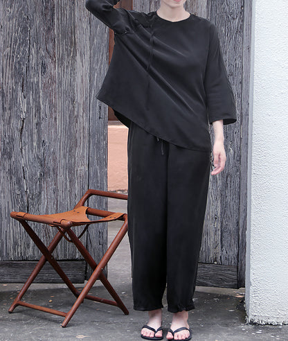 edoa Black Sand Washed Mulberry Silk Habotati Tapered Pants