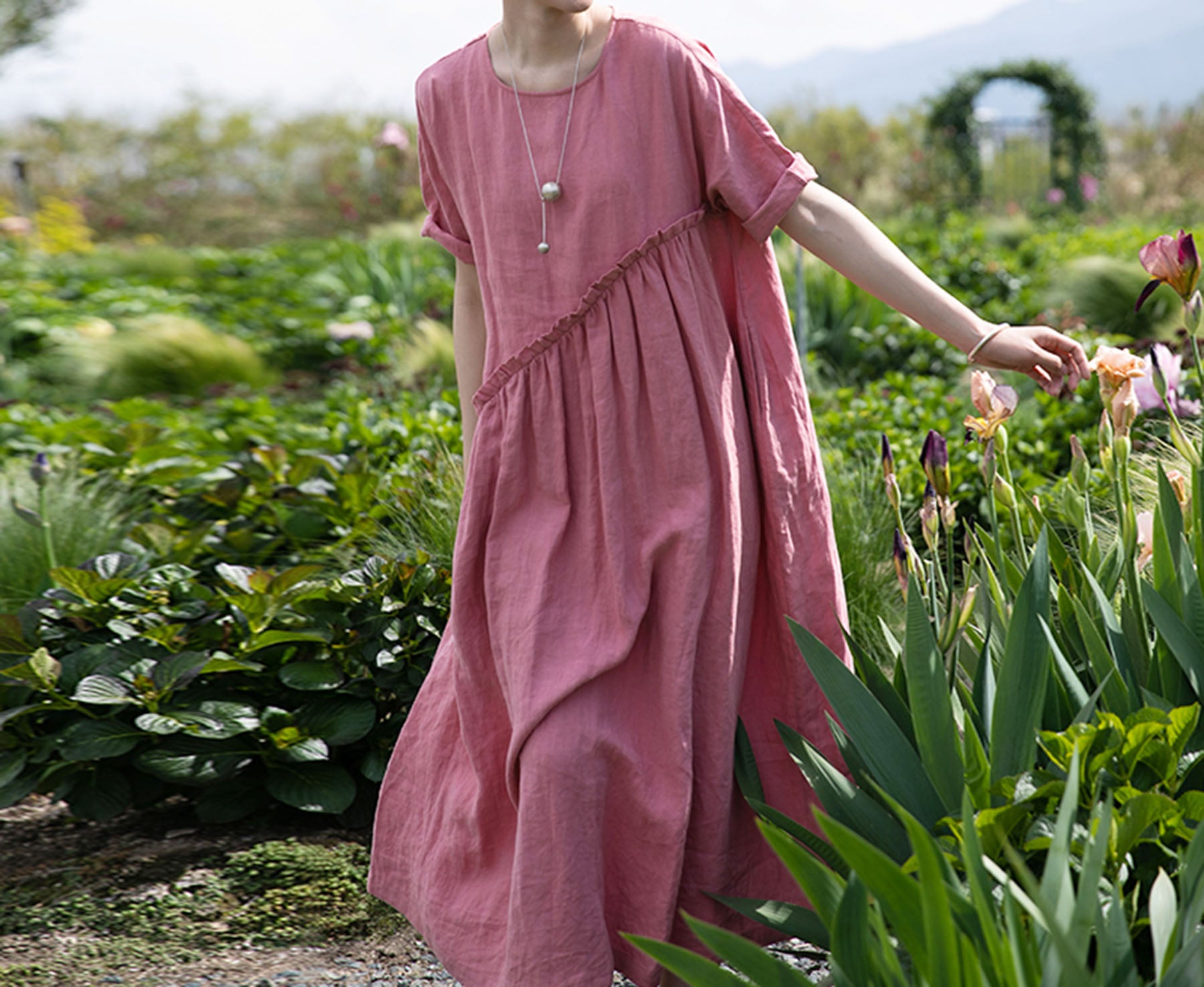 edoa High Waist Gathering Linen Maxi Dress