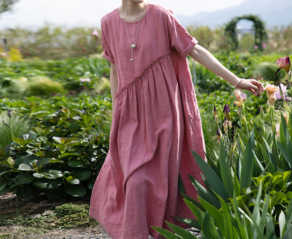edoa High Waist Gathering Linen Maxi Dress