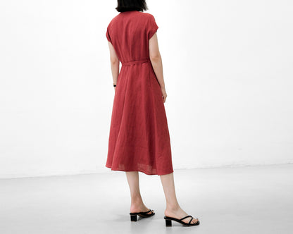 edoa V neck Linen Wrap Dress