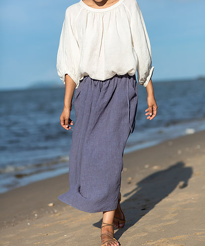 edoa Loose Fitting Linen Lantern Sleeves Gather Blouse