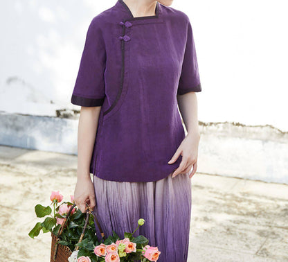 edoa Purple Cracked Mud Silk Chinese Blouse