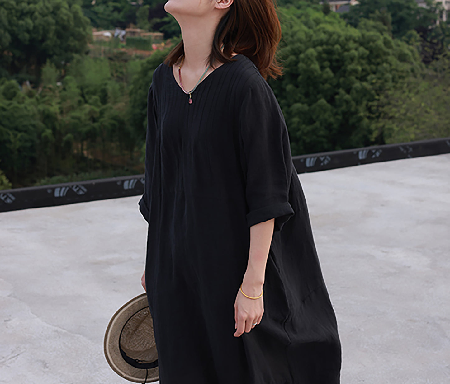 edoa Oversized Hand Pintucked Linen Ankle-length Dress