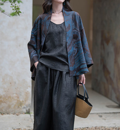 edoa Black Cracked Mud Silk Wide Leg Skants