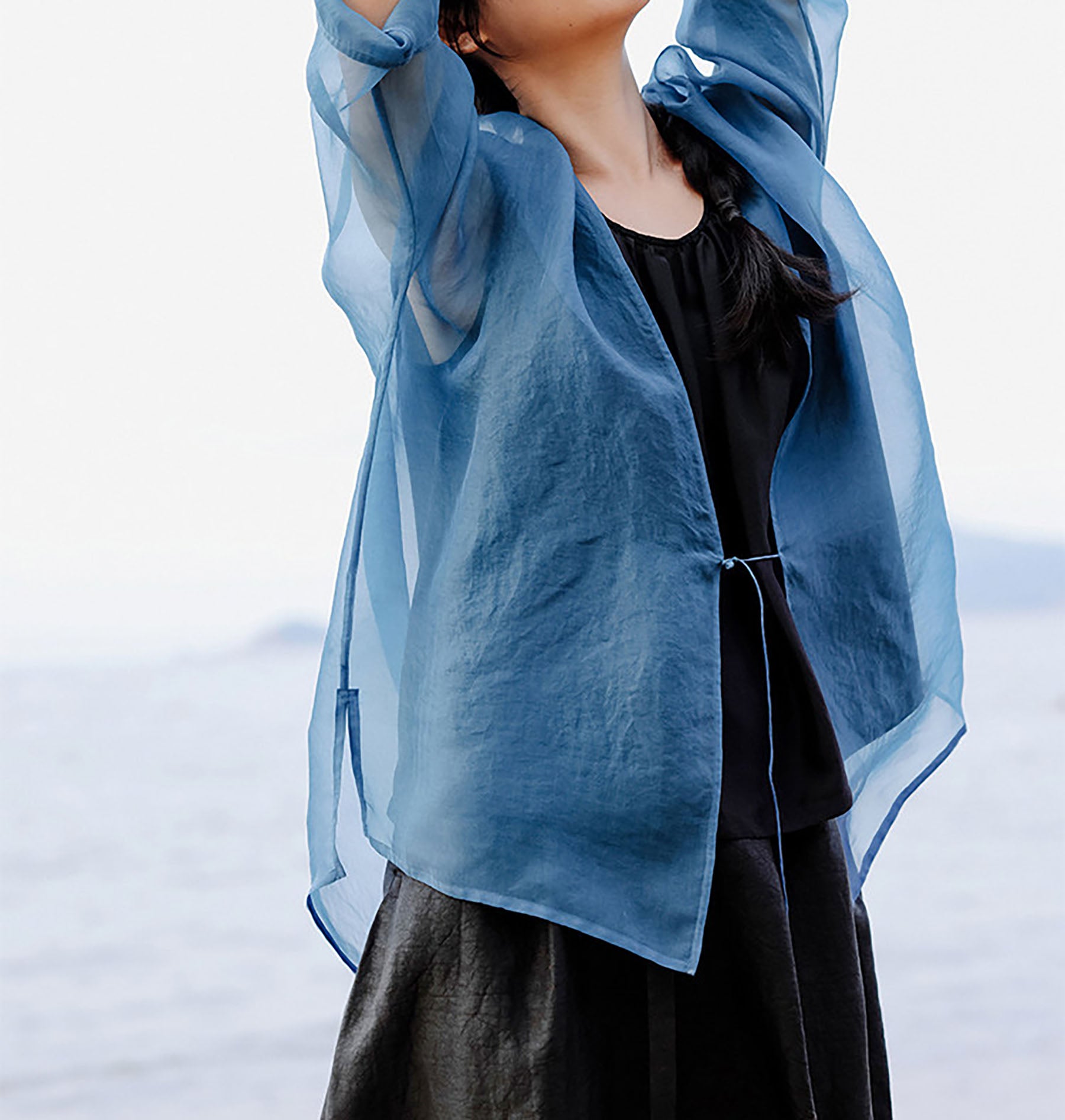 edoa Indigo Blue Mulberry Silk Organza Jacket 