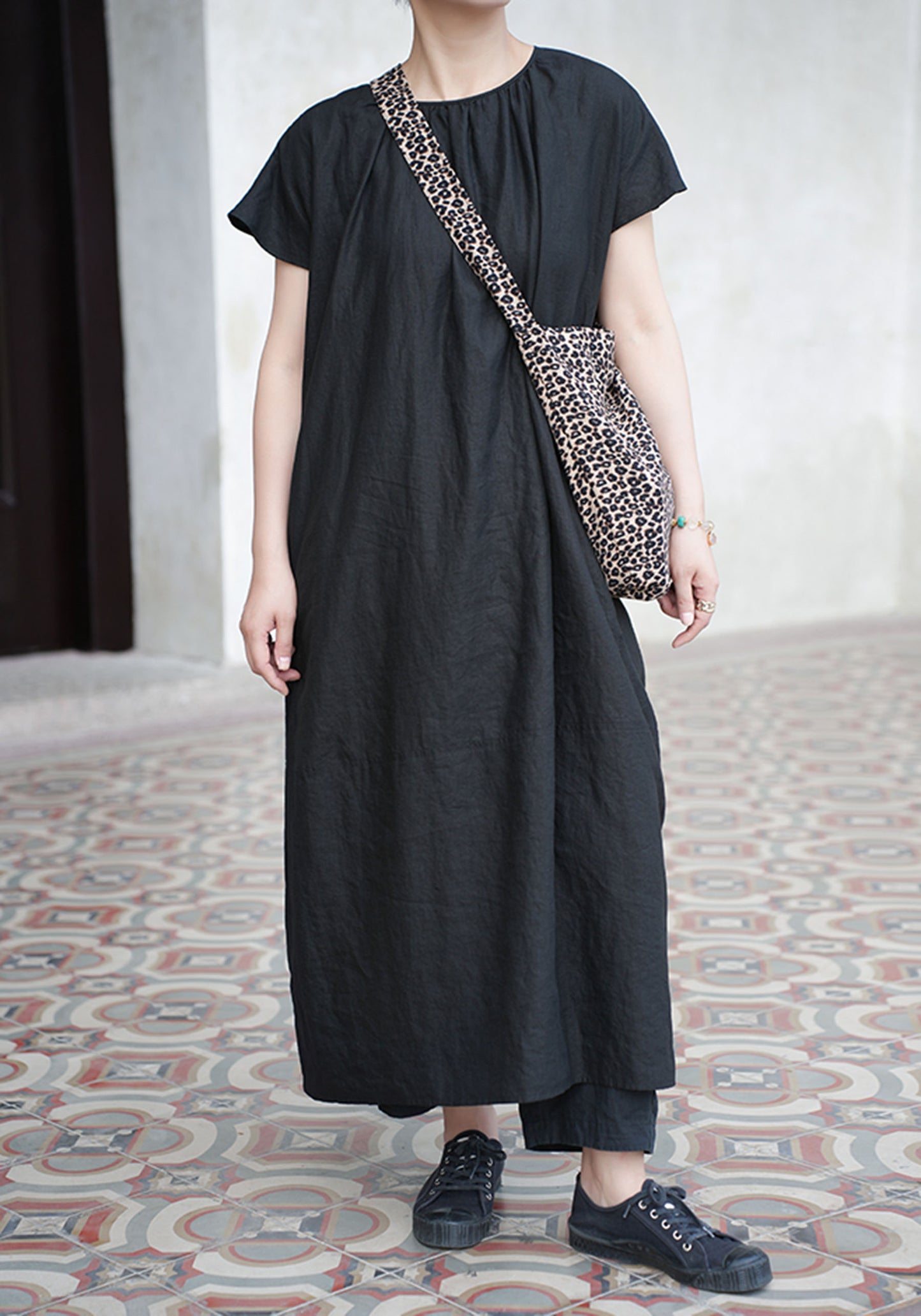 edoa Loose Linen Gathered Cocoon Dress