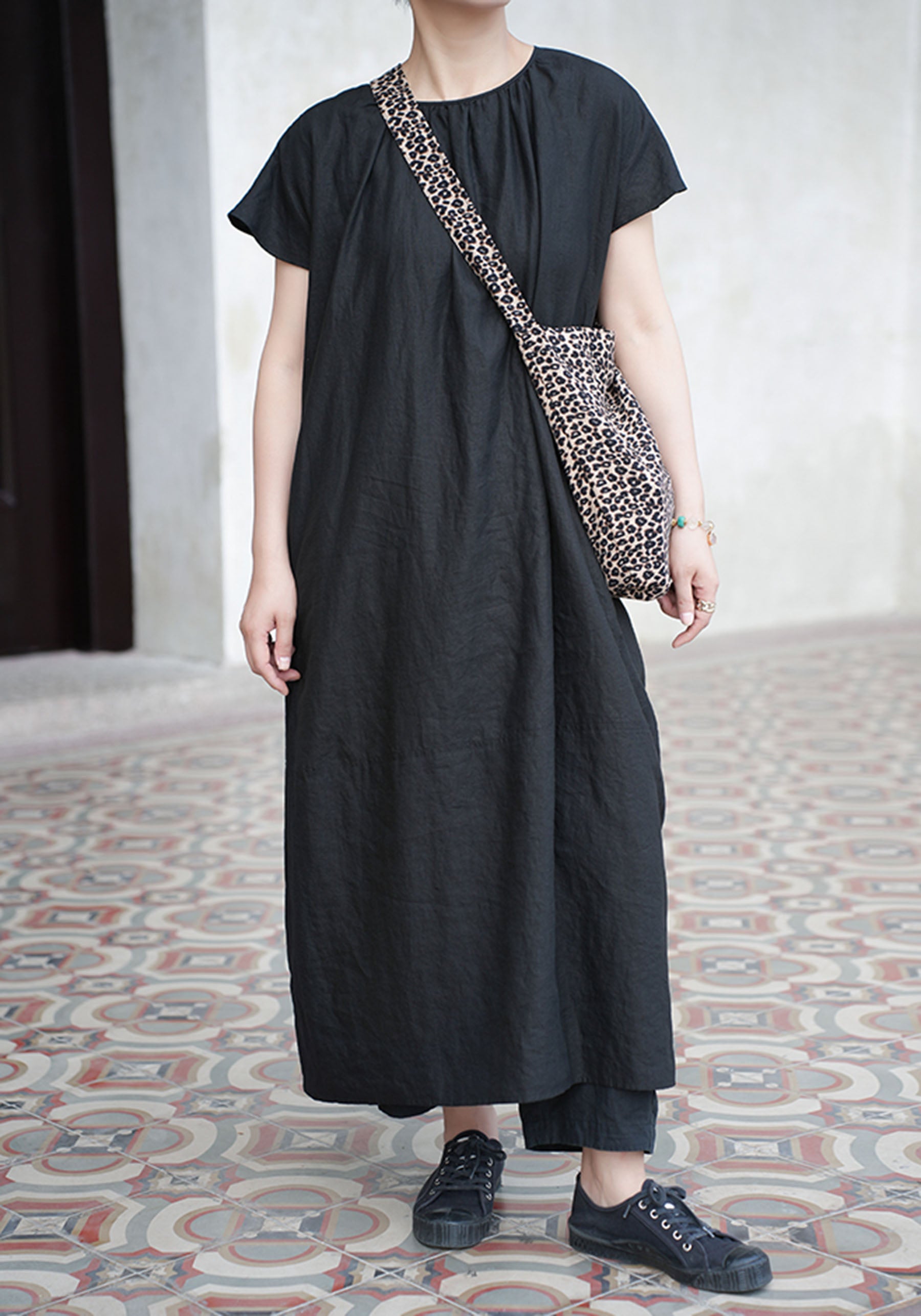 edoa Loose Linen Gathered Cocoon Dress