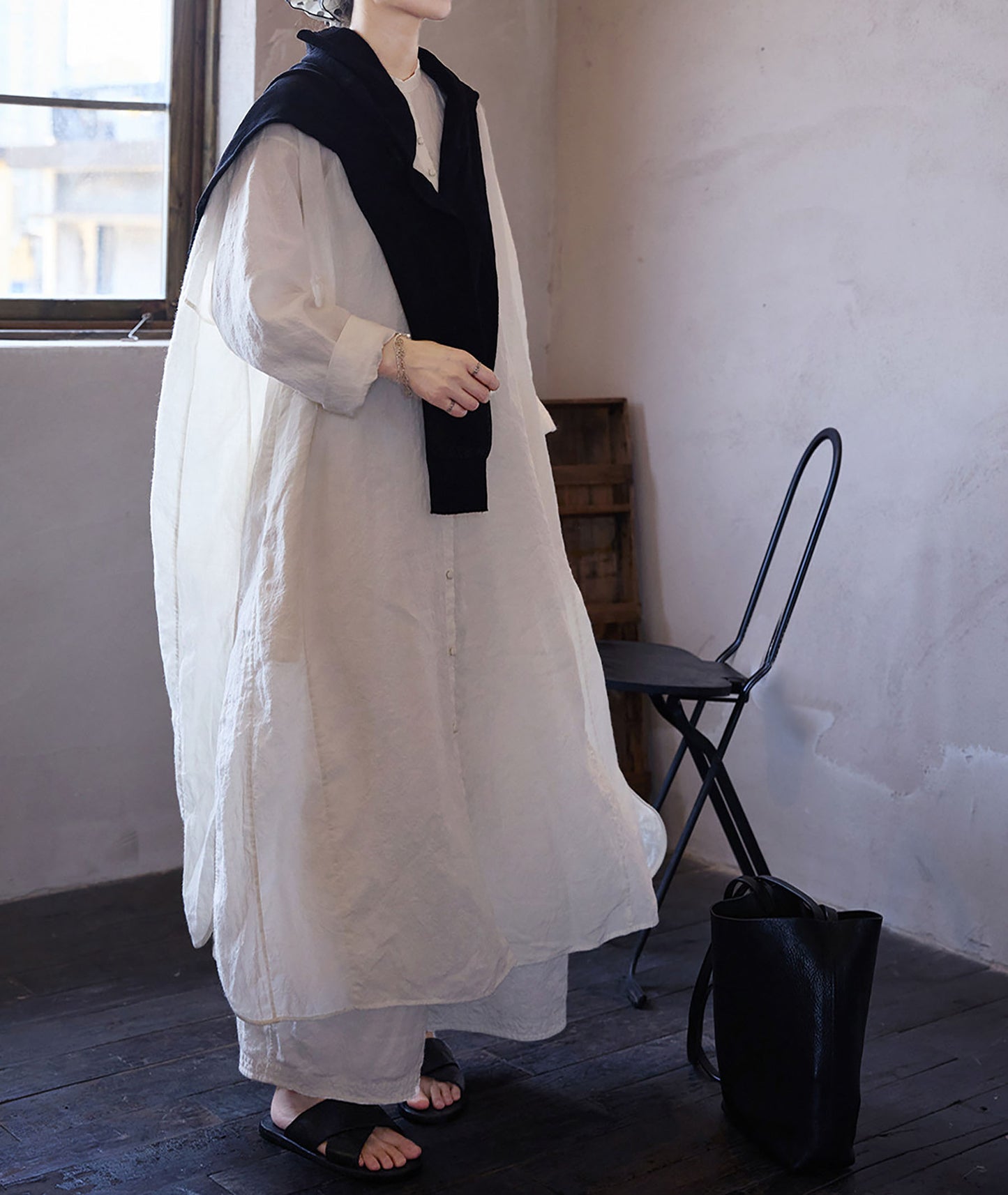 edoa Oversized White Washed Ramie Lightweight Chinese Button Down Shirt Dress