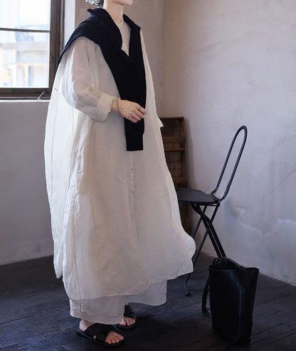 edoa Oversized White Washed Ramie Lightweight Chinese Button Down Shirt Dress
