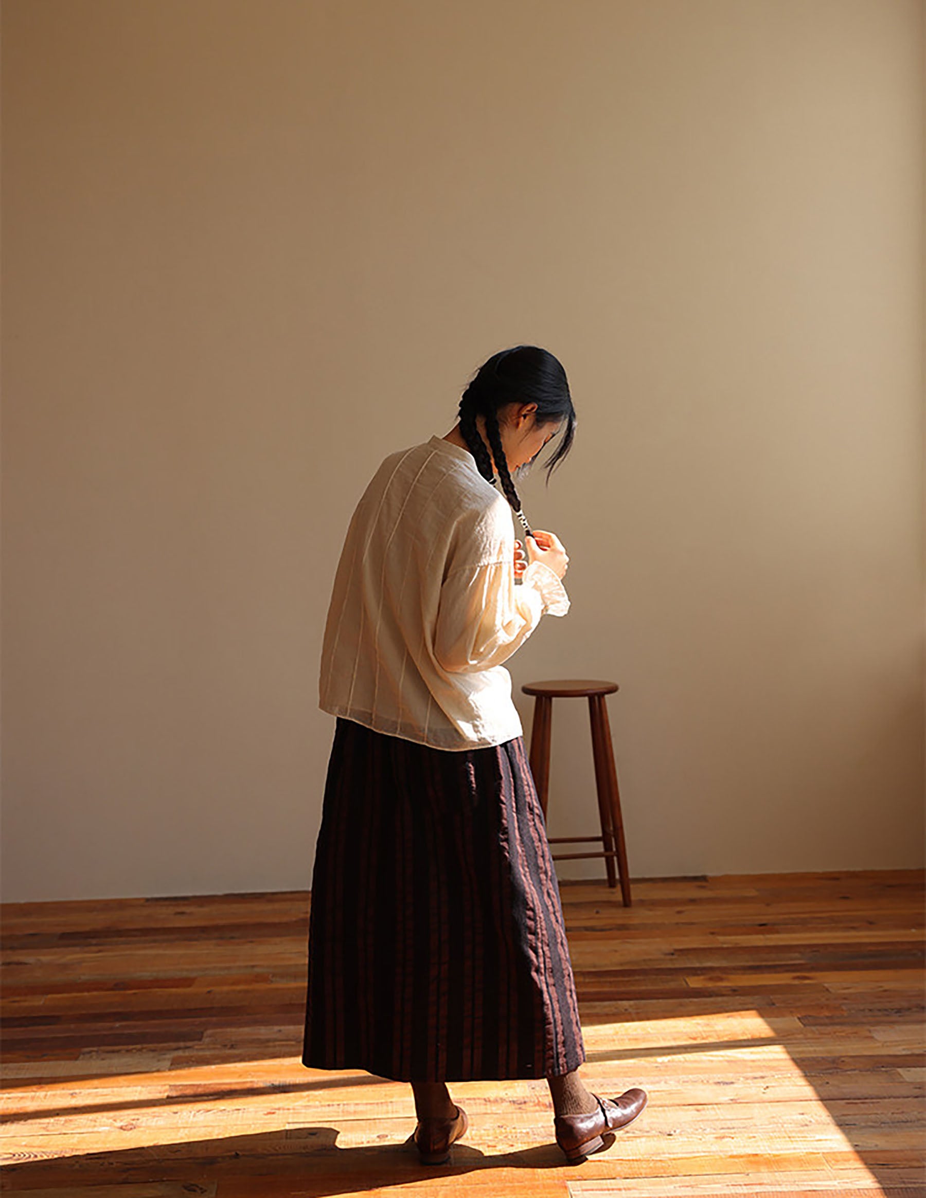edoa Elegant Double-layer High Counted Long Staple Cotton Pintucked Ruffle Blouse