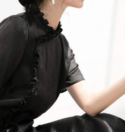 edoa Mud Silk Charmeuse Ruffle Qipao
