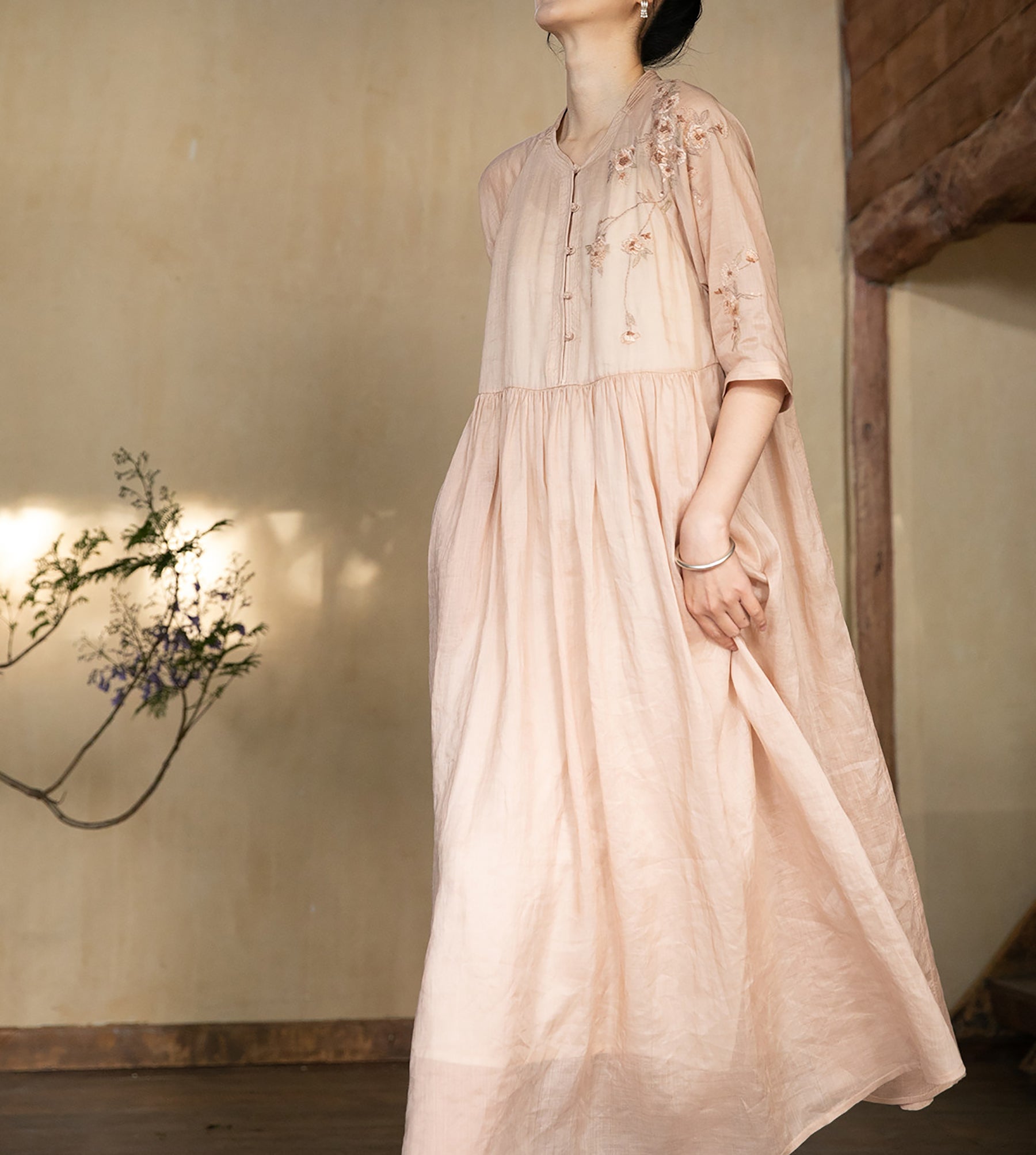 edoa Ramie Chinese Dress with Hand Embroidery