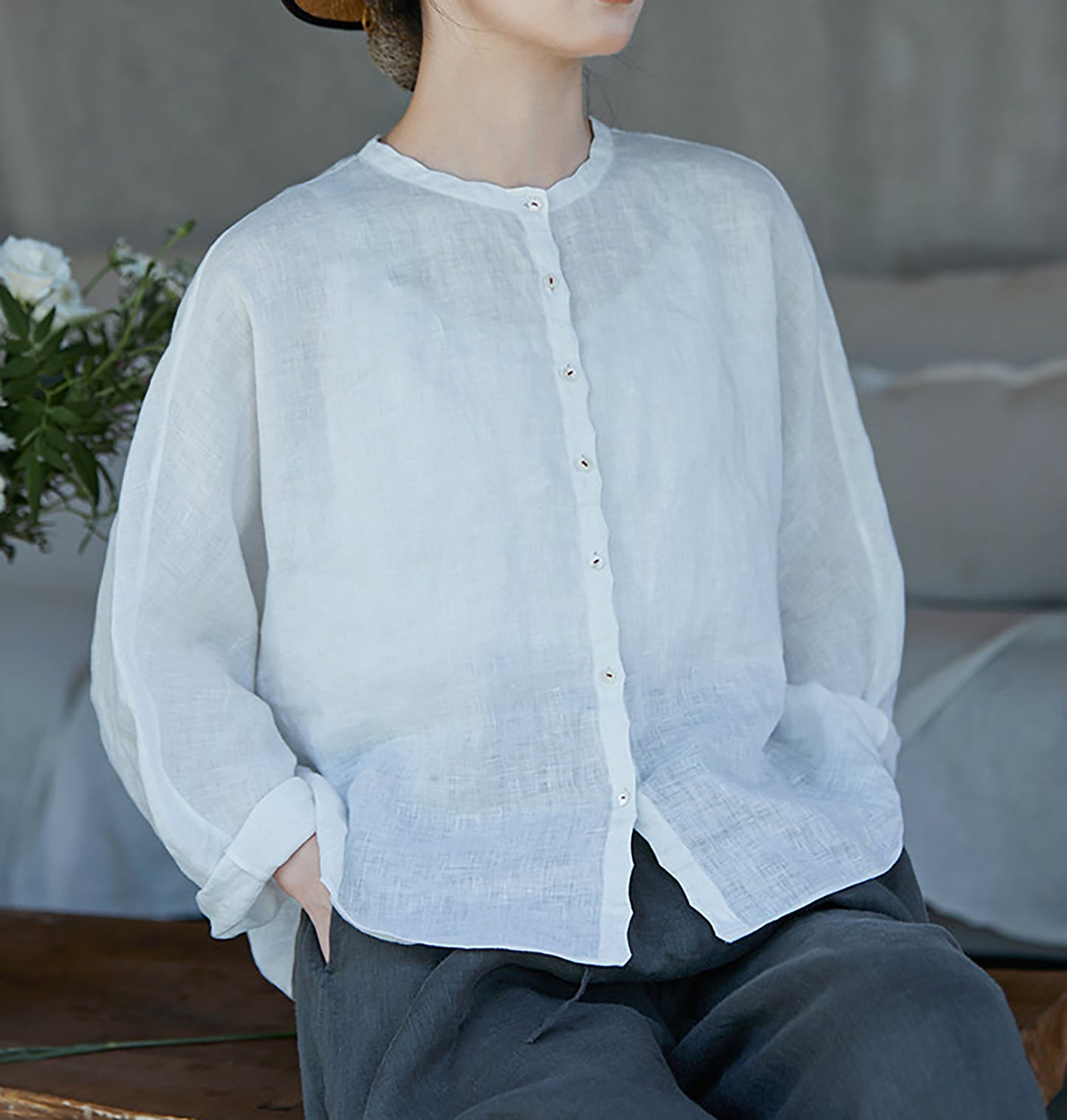 edoa Free Size Loose White Linen Petal Blouse 