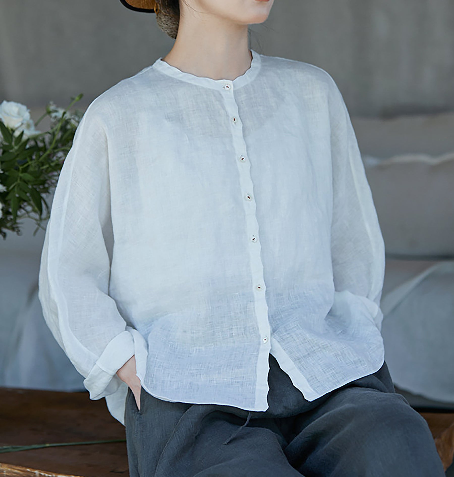 edoa Free Size Loose White Linen Petal Blouse 