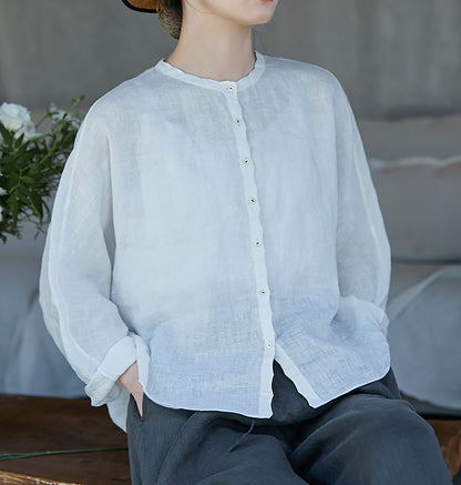edoa Free Size Loose White Linen Petal Blouse 