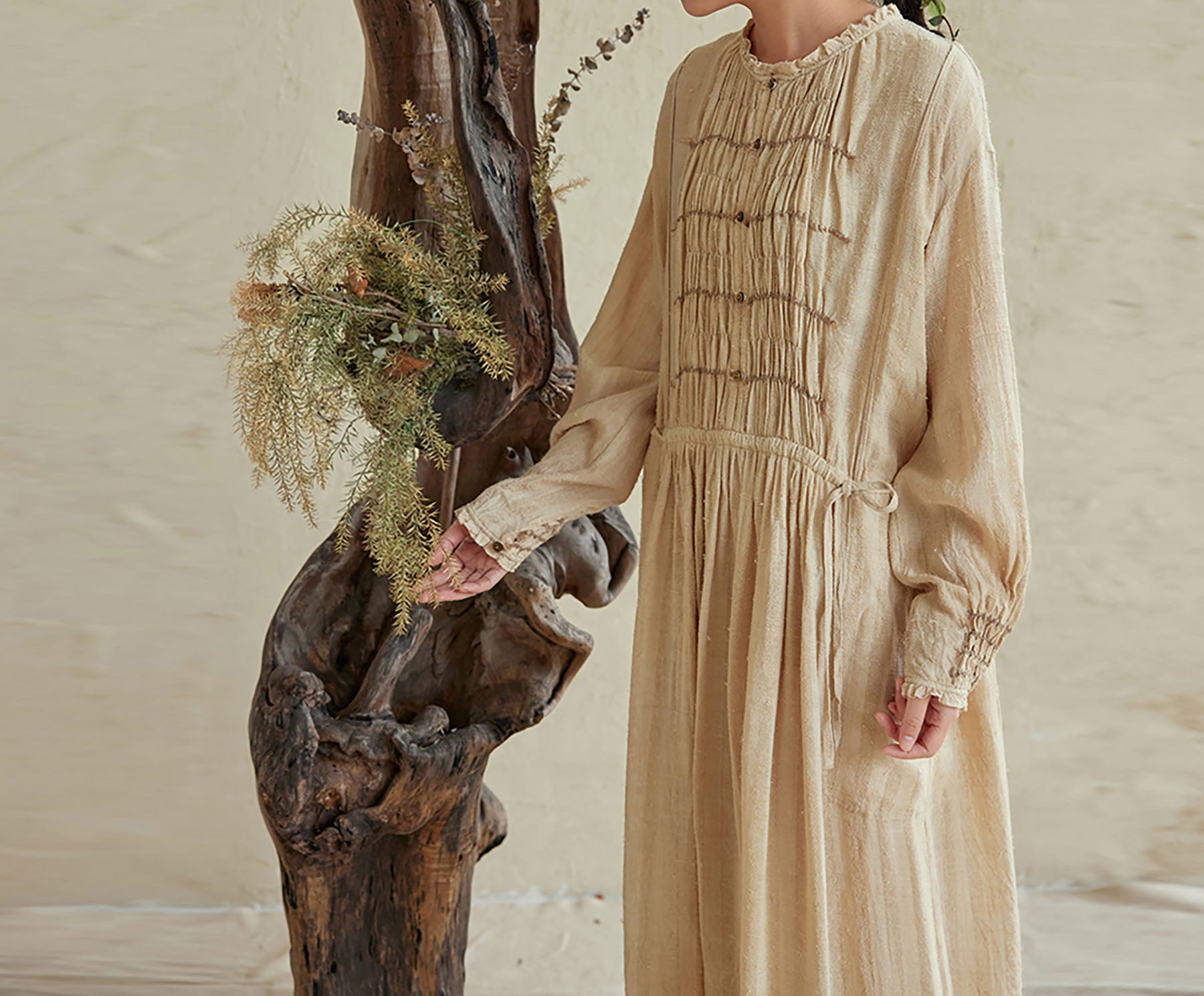 edoa Natural Raw TussaH Silk Smocking Shirt Dress