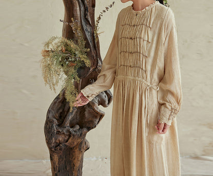 edoa Natural Raw TussaH Silk Smocking Shirt Dress