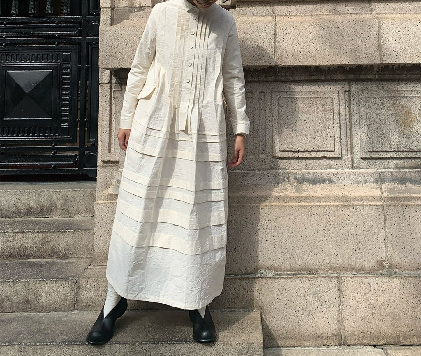 edoa Paper Cotton Pintuck Pleated Medieval Shirt Dress