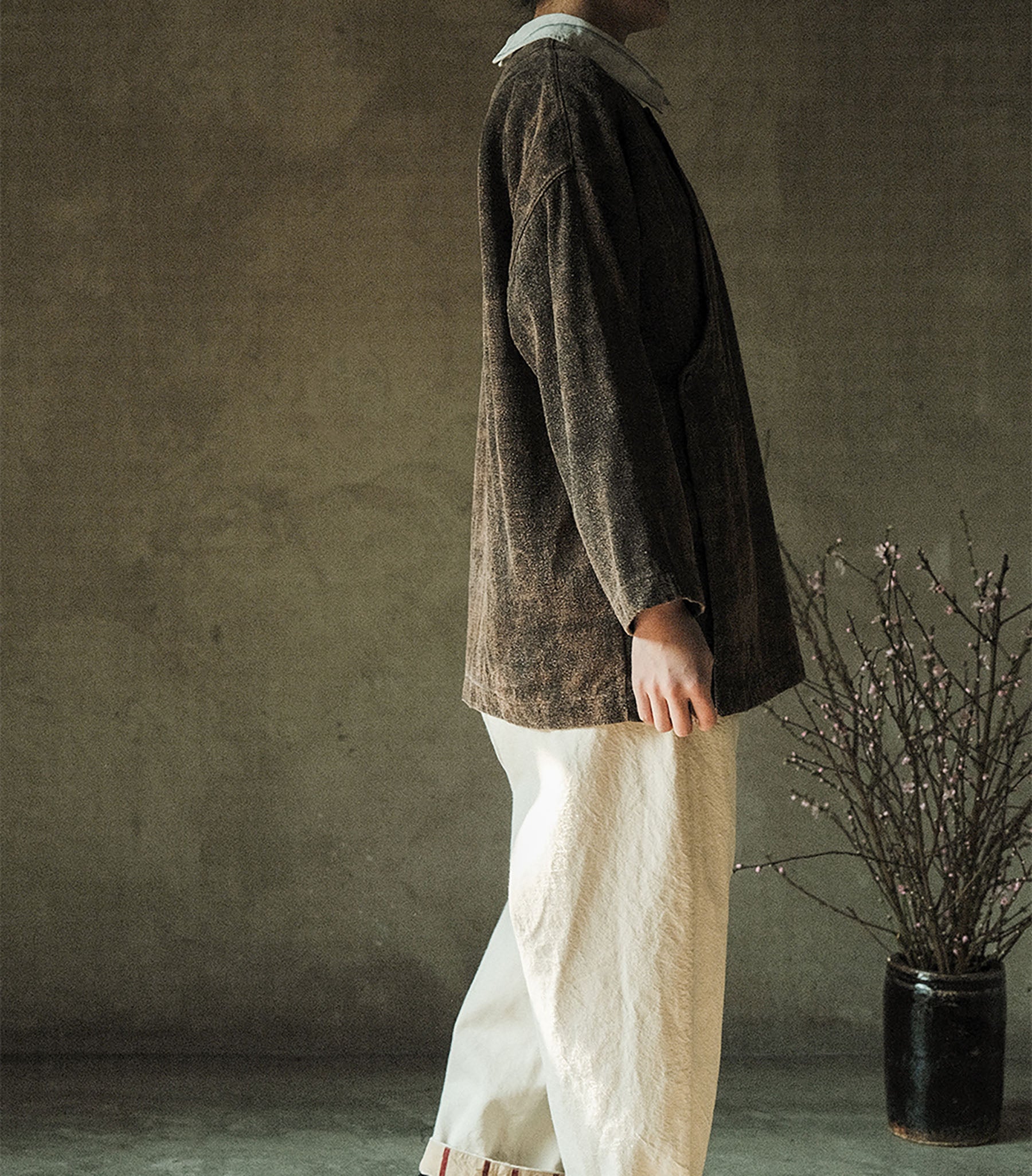 edoa Mud Tussah Silk Slant Placket Jacket 
