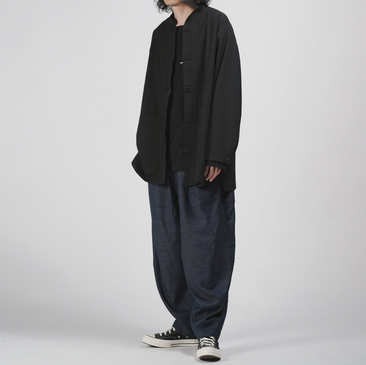 edoa Casual Loose fit Chinese Style Stand Collar Thin Woolen Kung Fu Over Shirt