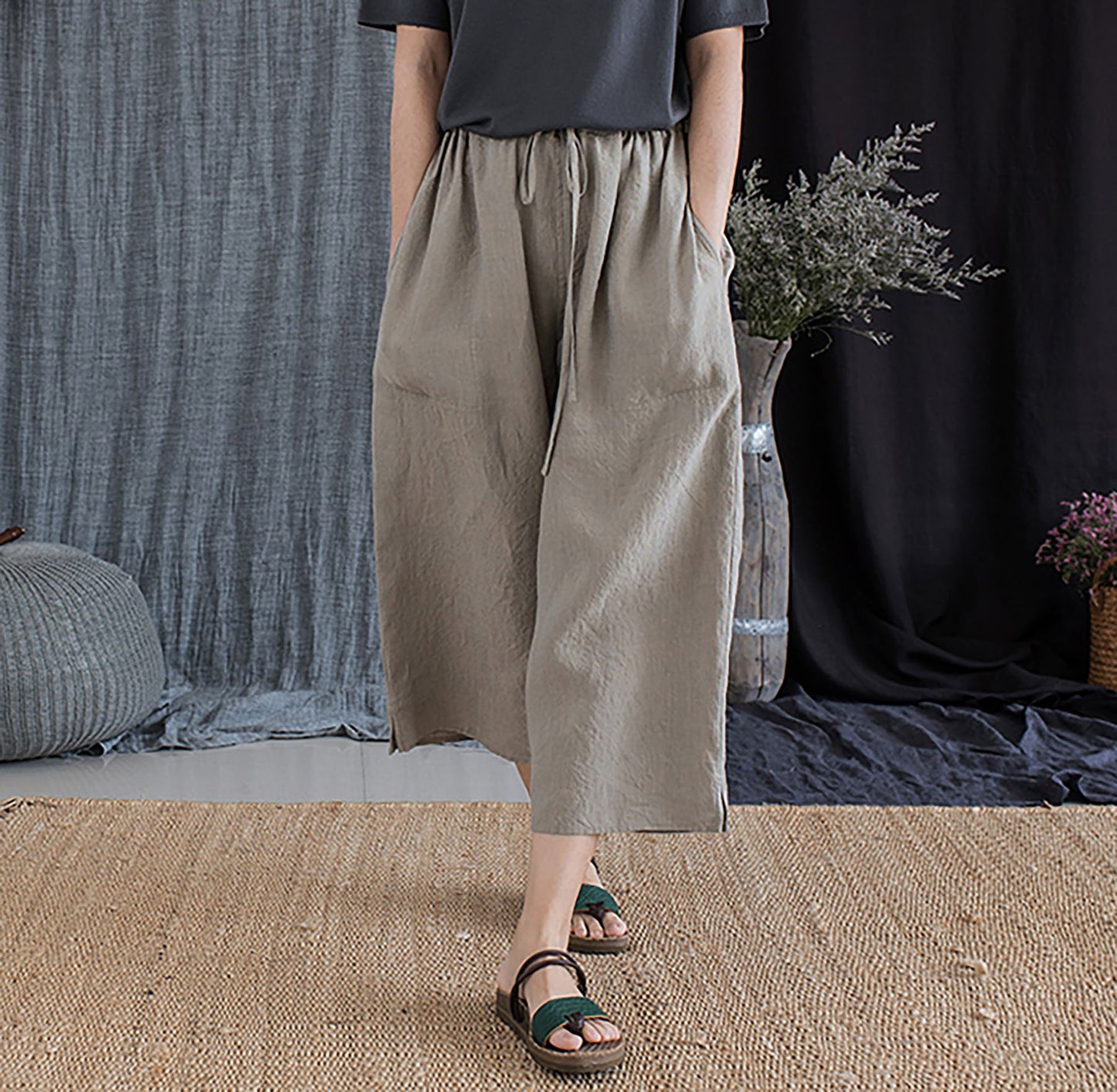 edoa Yarn Dyed French Linen Wide Pants