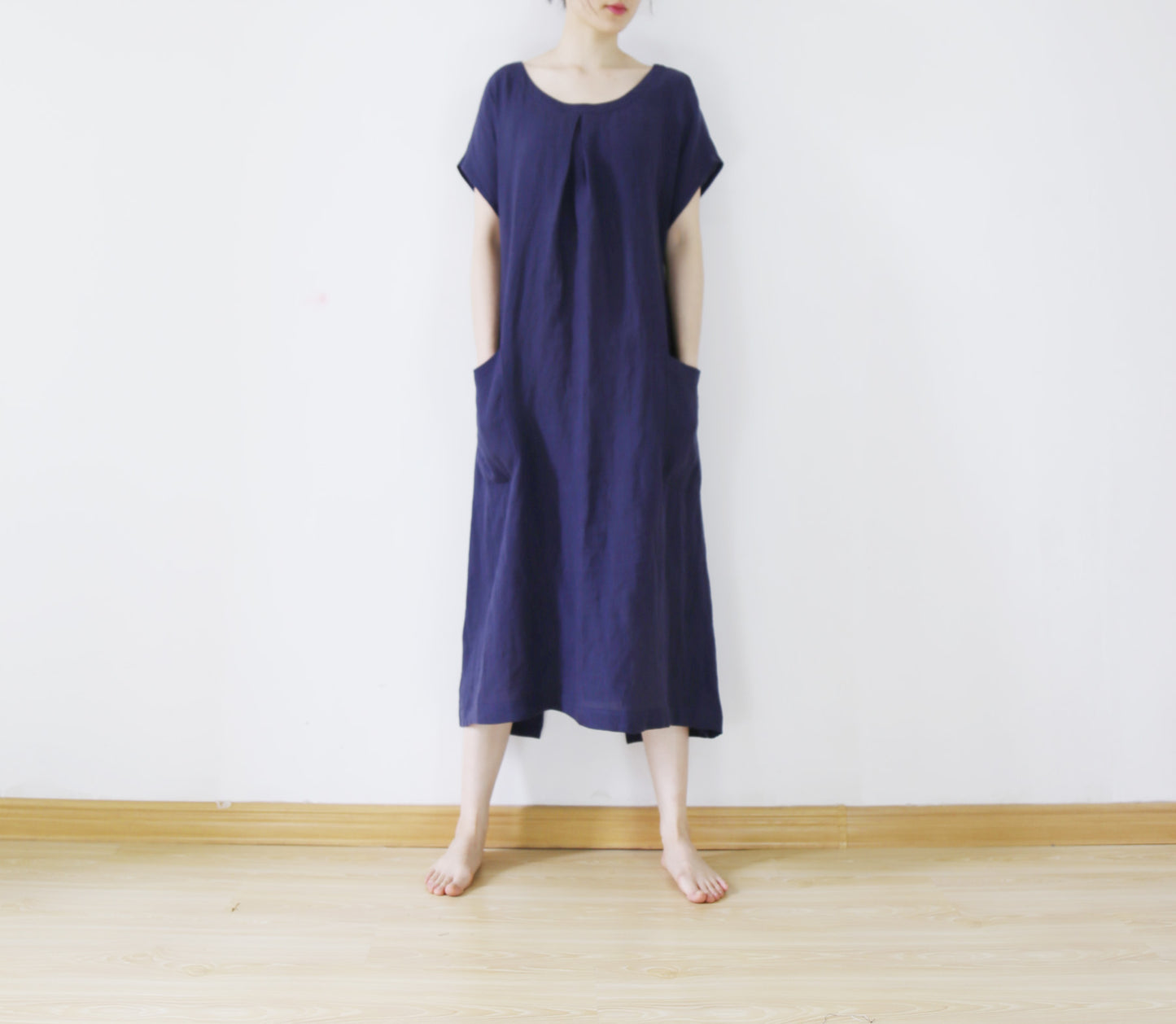 edoa Plus Size Navy Blue Washed Linen Dress 