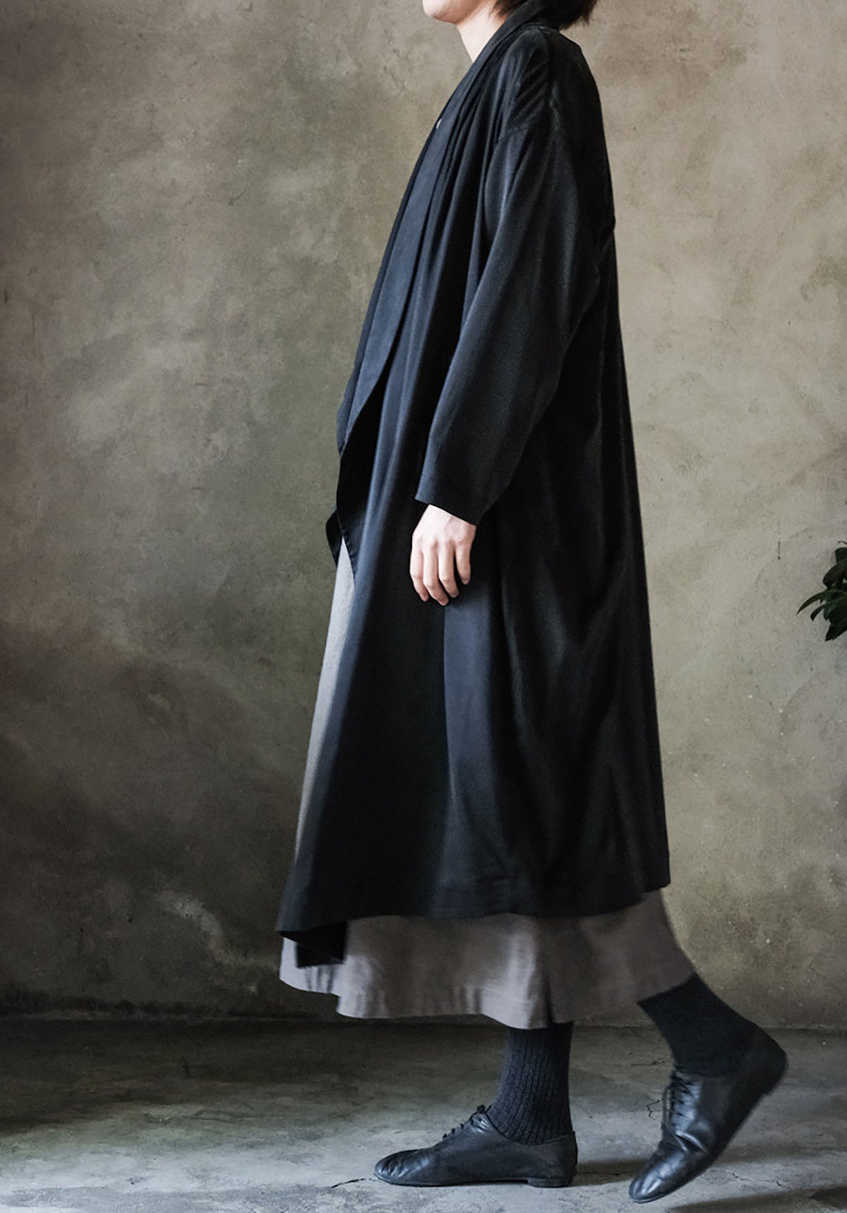edoa Black Stone Washed Silk Charmeuse Shawl Collar Coat