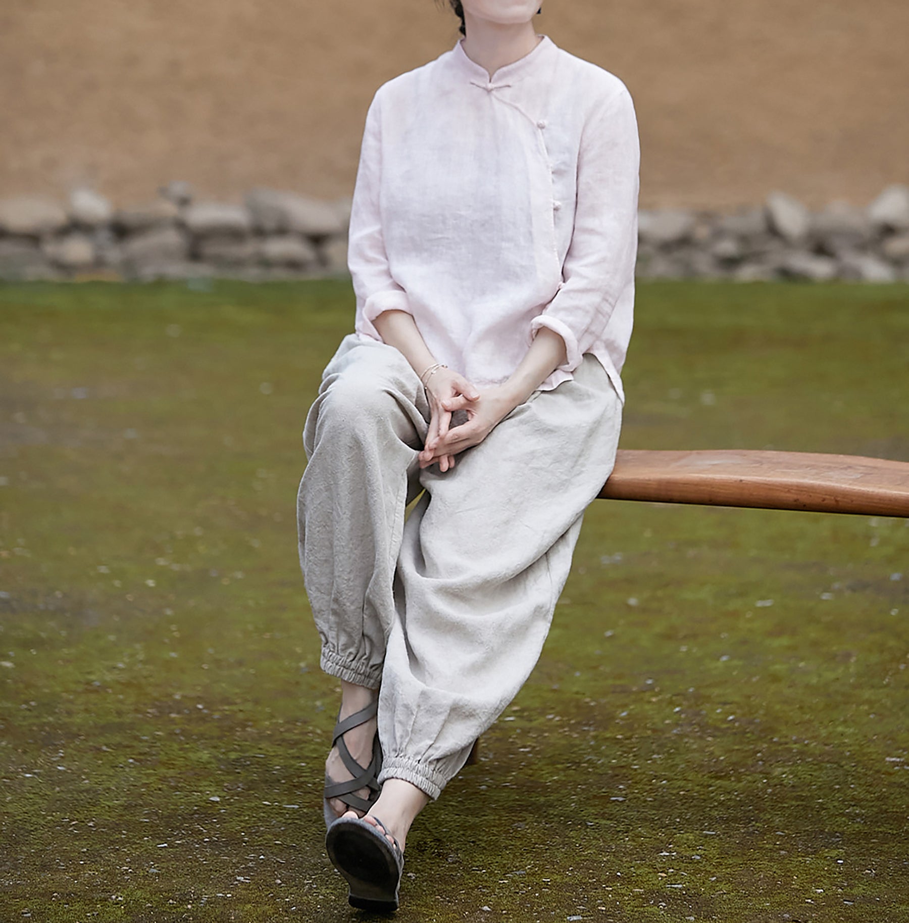 edoa Pink Linen Chinese Qipao Blouse