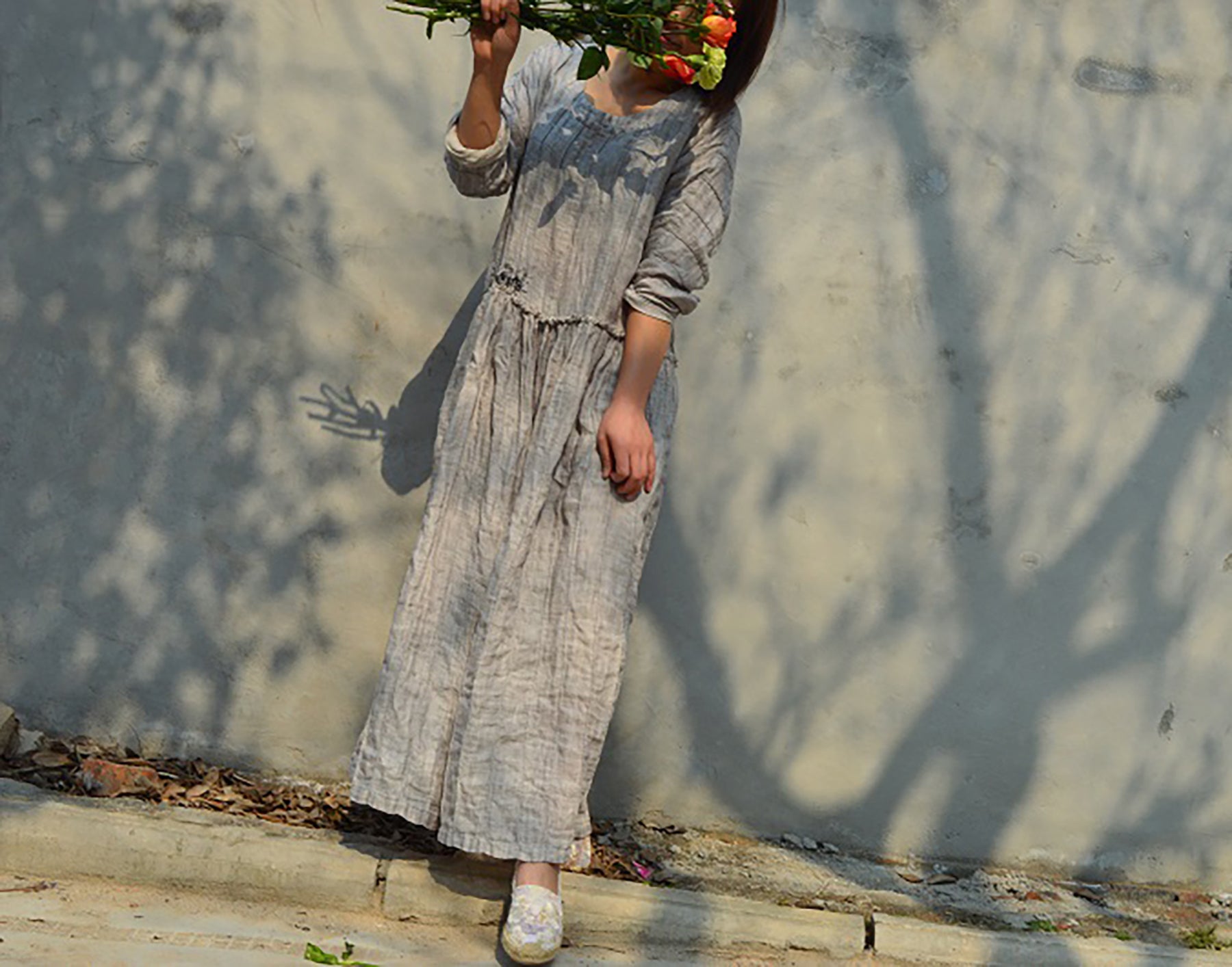 edoa Double Layered Pintucked Yarn dyed Linen Dress