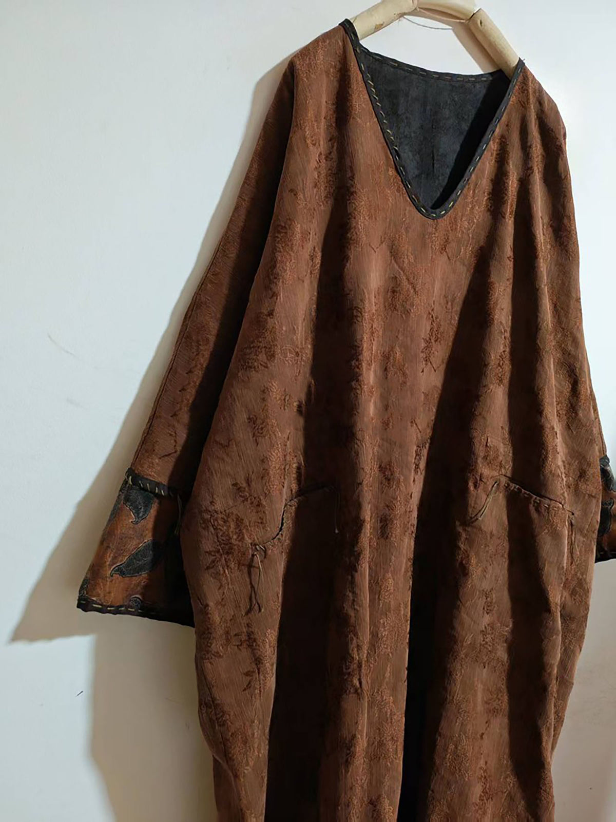 Mud Silk Linen Blend Jacquard V-neck Ruffled Hem Tunic Dress dr0402 X334