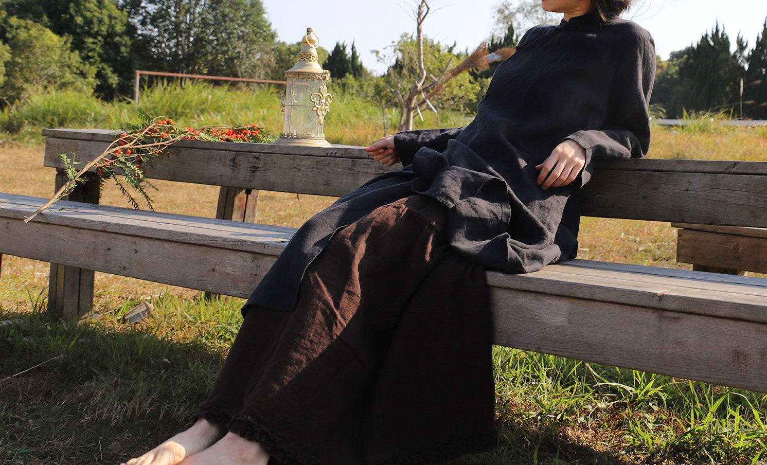 edoa Loose Black Linen Wrap Qipao Dress