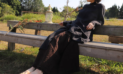 edoa Loose Black Linen Wrap Qipao Dress