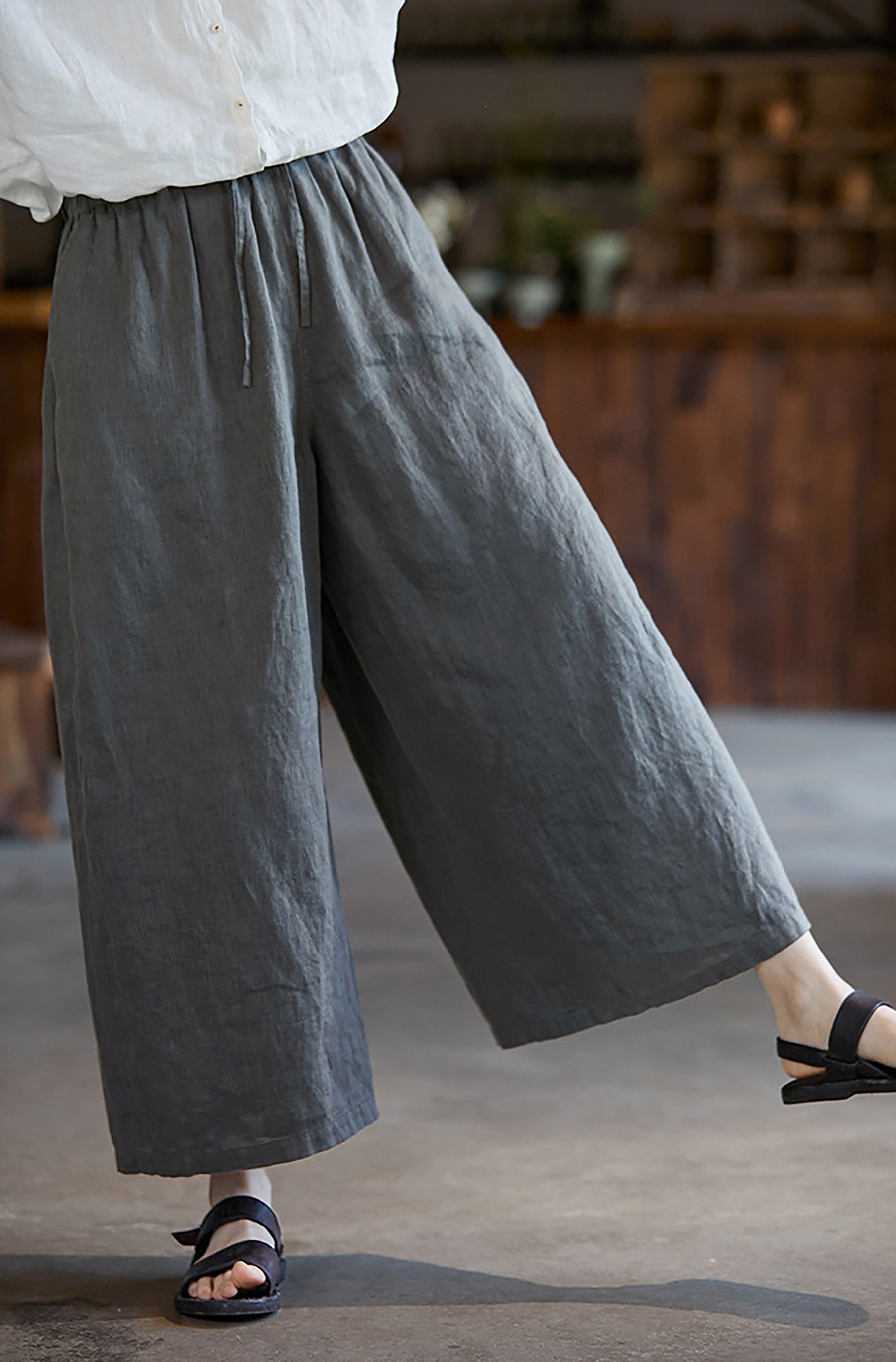 edoa Gray Linen Wide Leg Pants