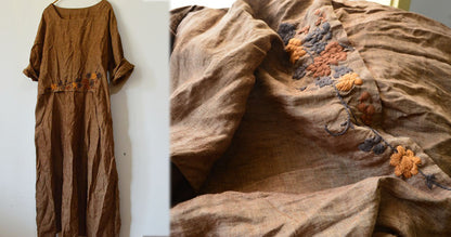 edoa Yarn dyed Linen Dress with Hand Embroidery 