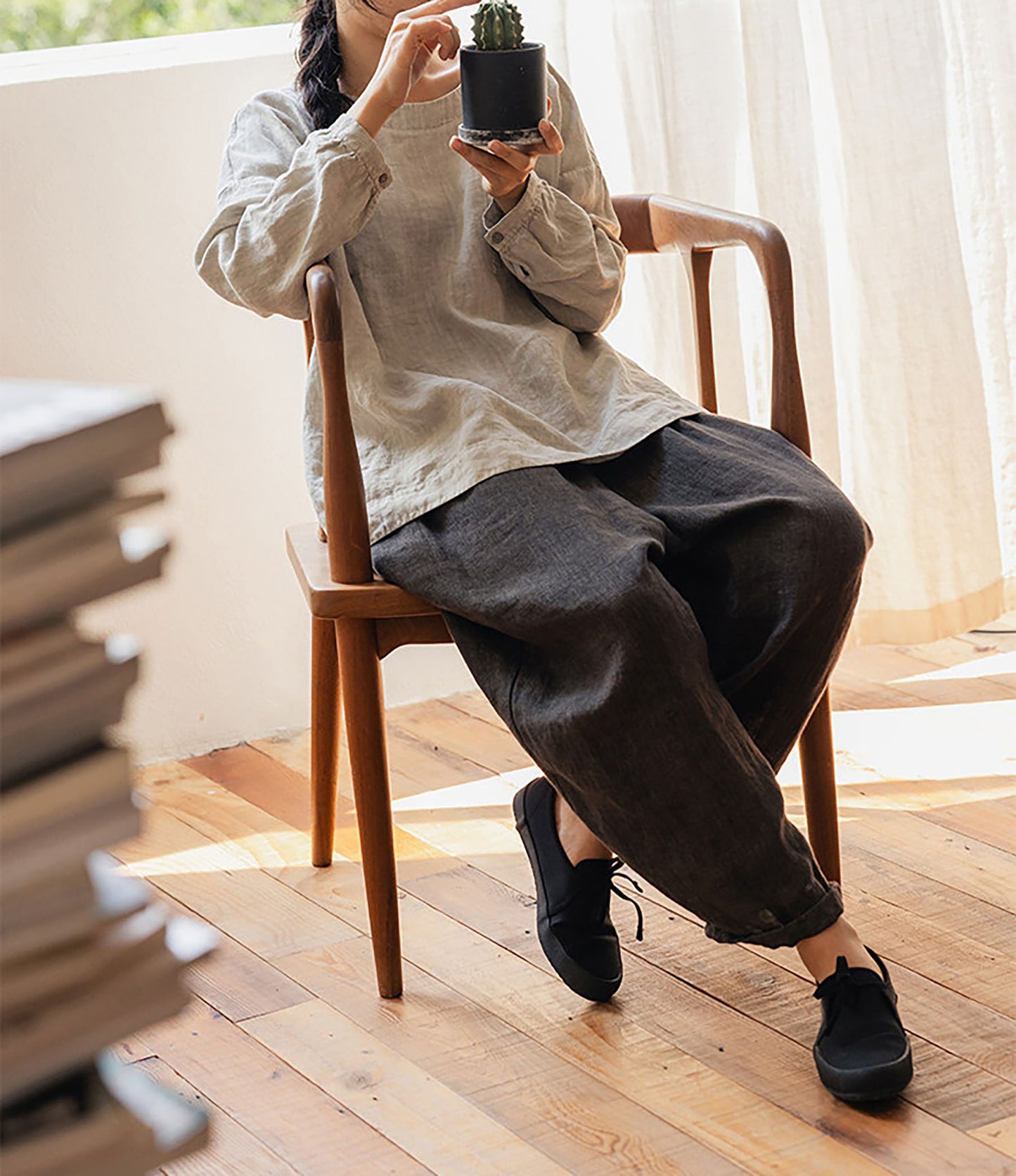 edoa Loose Fit Linen Long Sleeve Pullover Shirt 