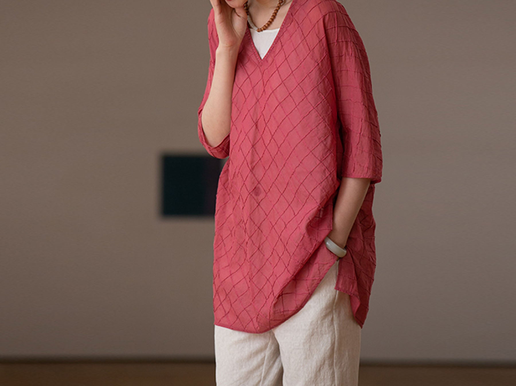 edoa High Counted Cotton Pintucked V-neck Blouse 