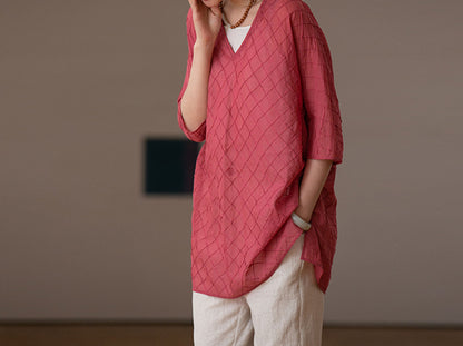 edoa High Counted Cotton Pintucked V-neck Blouse 