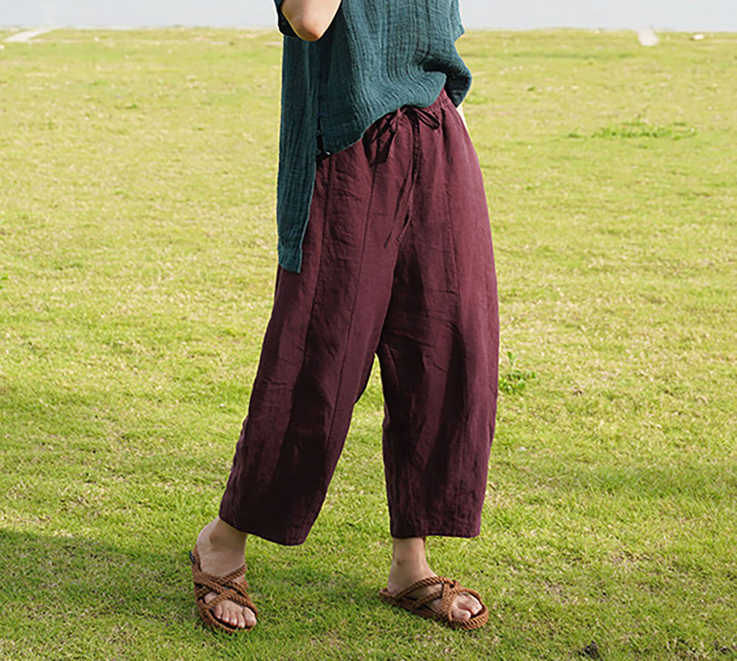 edoa Burgundy French Linen Tapered Pants