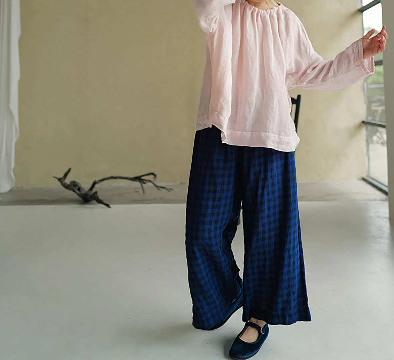 edoa Pink High Counted Linen Gather Blouse