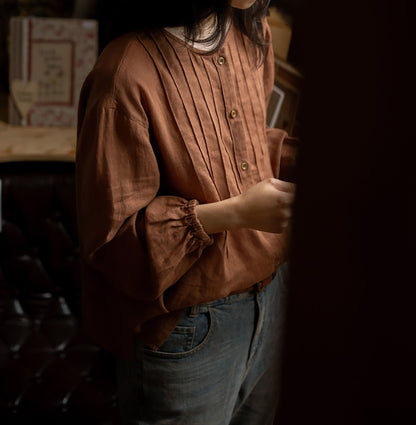 Flax Linen Artist Blouse with Elastic Cuff bl0035 O108
