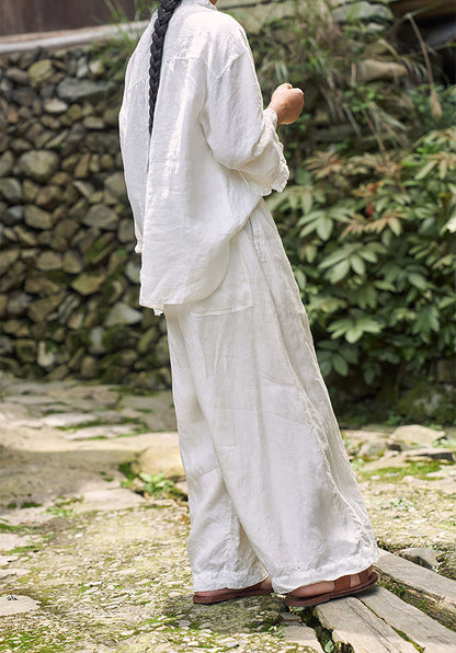 edoa White Linen Ruffled Pullover Shirt
