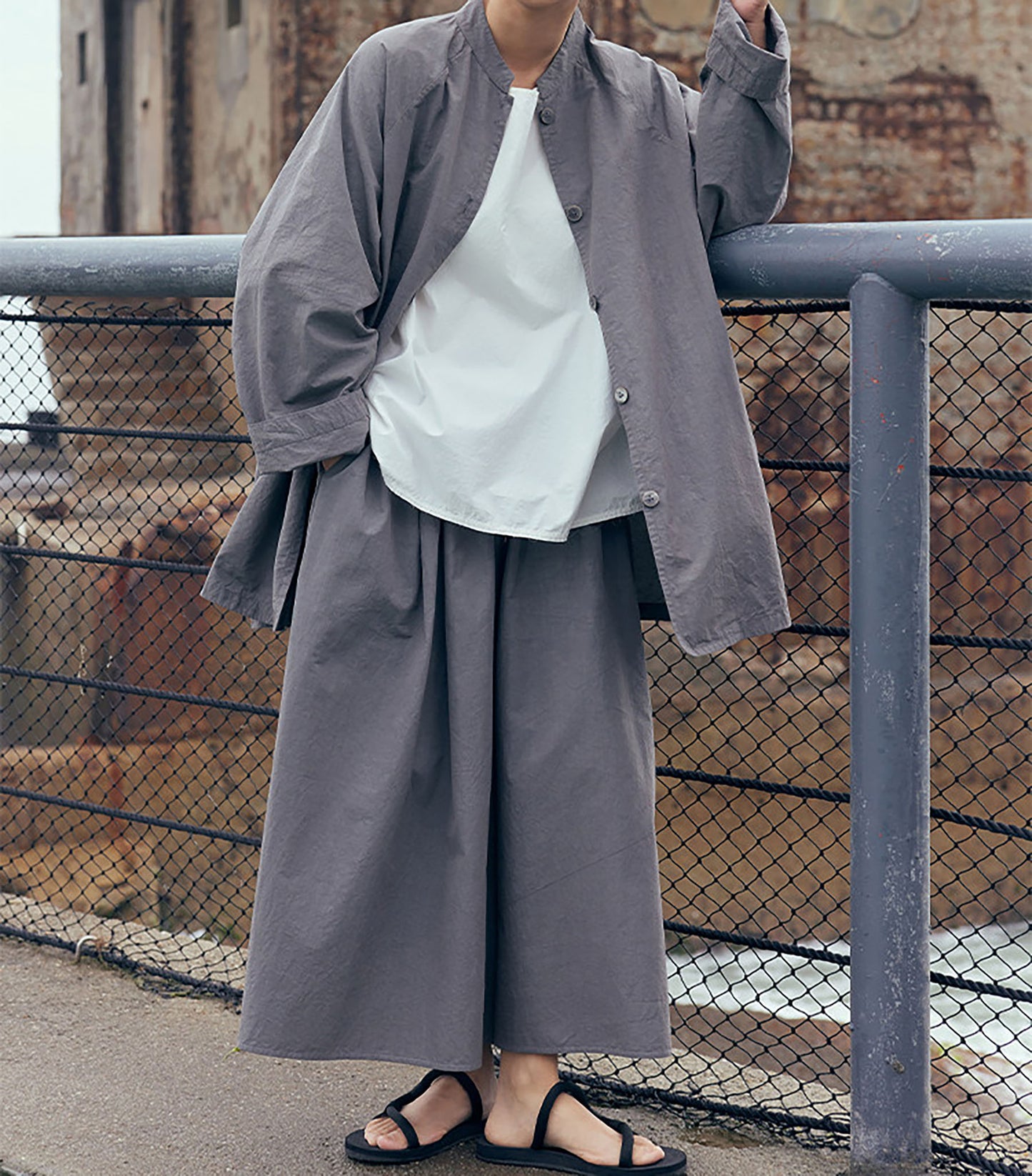 edoa Gray Loose Fitting High Densit Japanese Sun-dried Cotton Wide Leg Pants